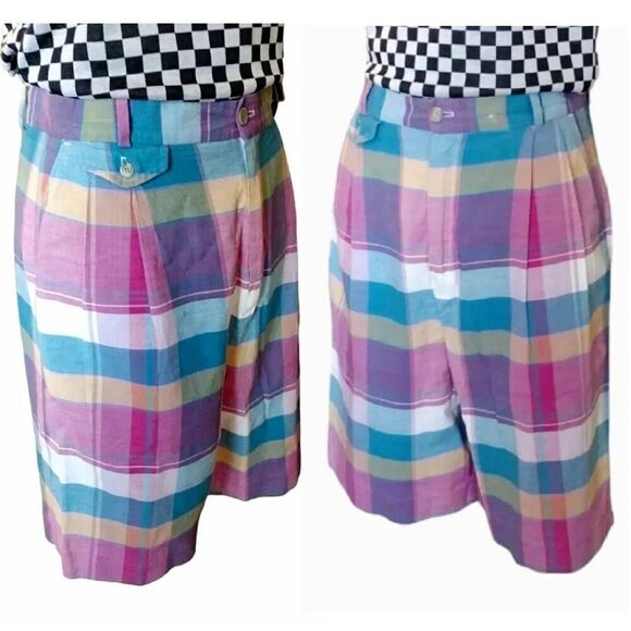 VTG 80s Colorful Plaid Ultra High Rise Cotton Mom Shorts Size 12 *fits like Med - Picture 14 of 15